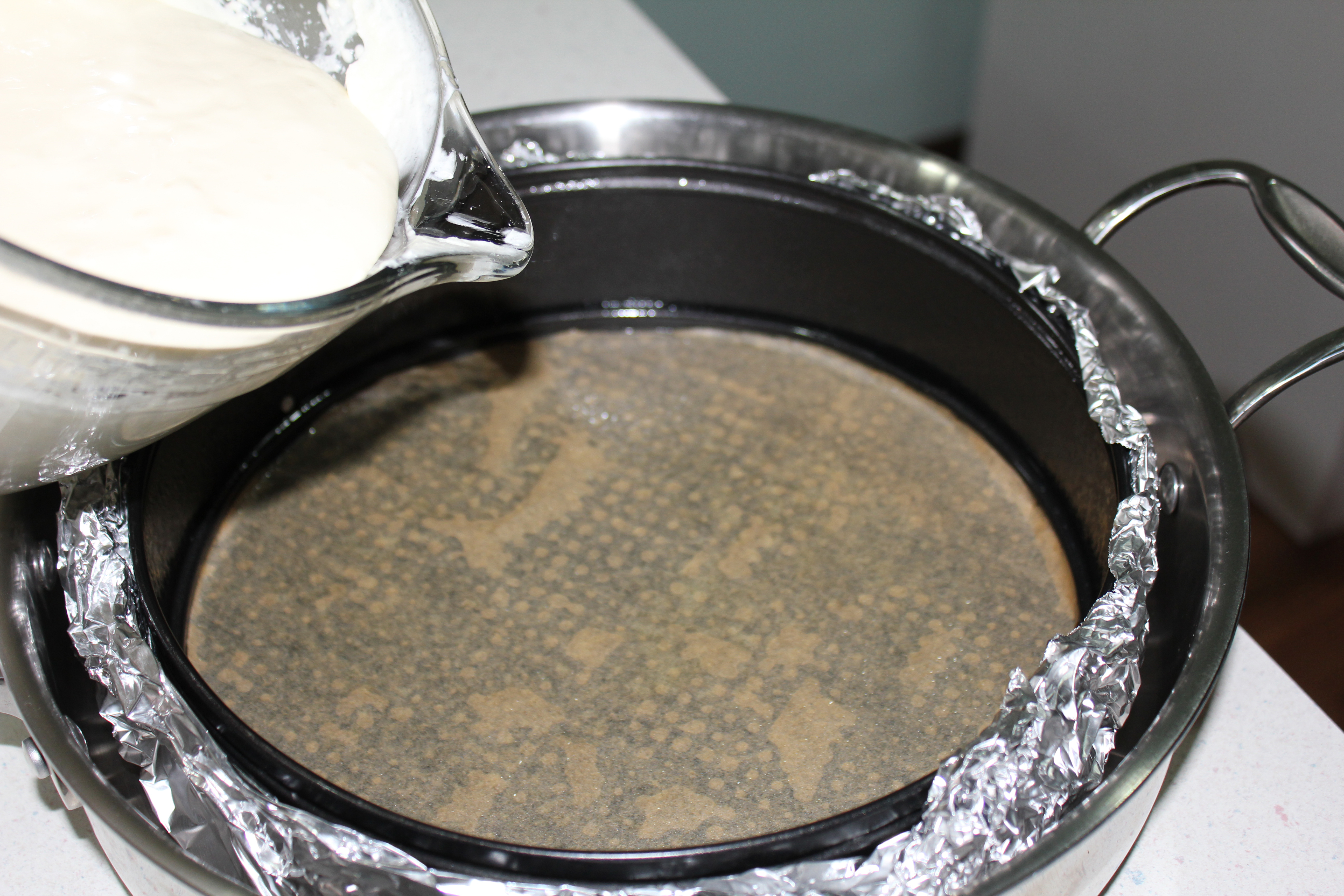 Place the springform in a large roasting pan or deep skillet then pour batter into springform.