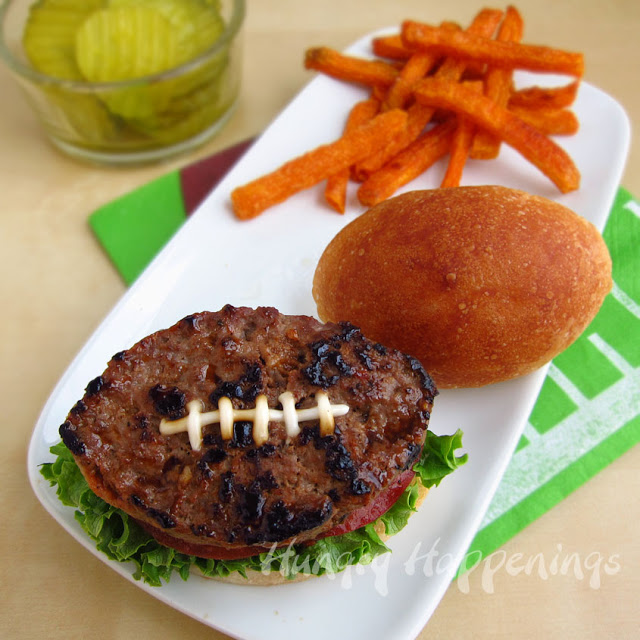 Fun Football Burger from Hungry Happenings. If you don't want to freeze your buns off cooking burgers now, I found some great sliders in the freezer section at the grocery store.