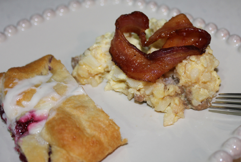 Captain Cavedweller got his heart bacon on top of hash brown casserole with a side of homemade raspberry danish.  I may have had some, too.