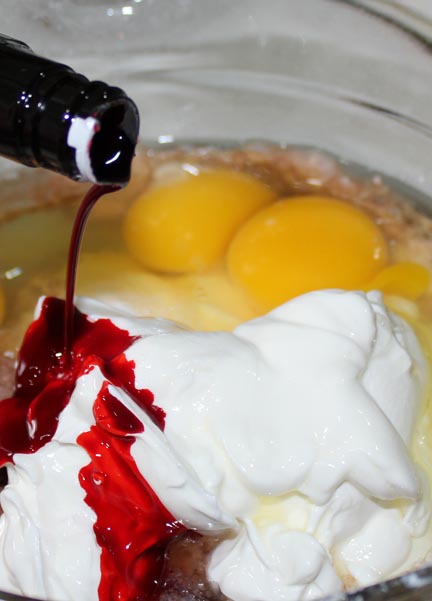 Mix everything together, making sure you use an entire bottle of red food coloring.