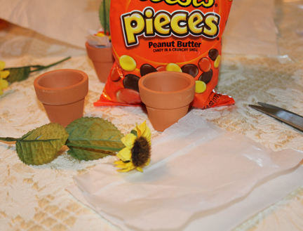 Supplies you need  - Reese's Pieces, mini clay flower pots, small sunflower stems (I used silk), tissue paper, wire cutters, scissors.