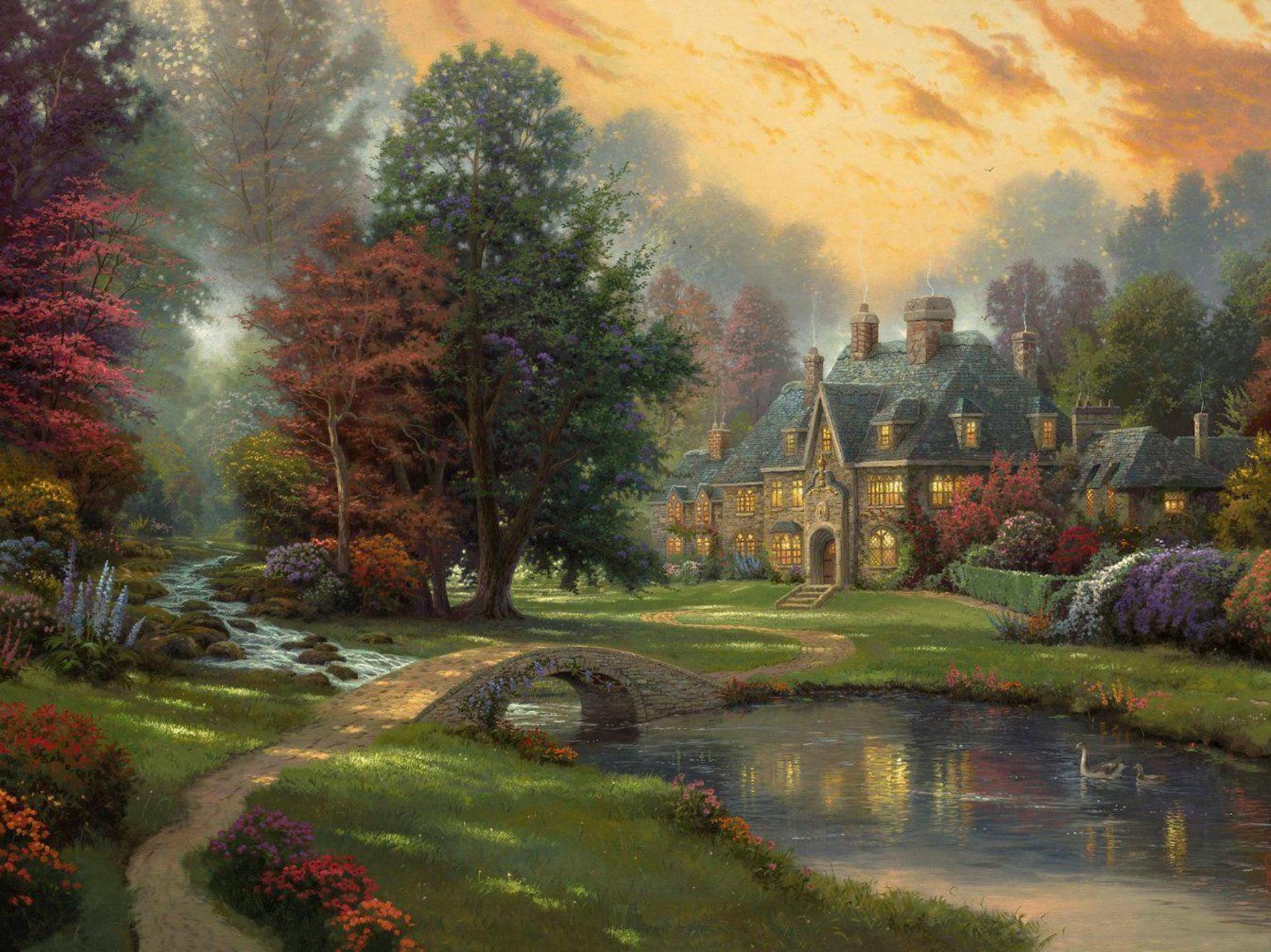 landscape-thomas-kinkade-painting-cottage-river-ducks-bridge-trees-sunset